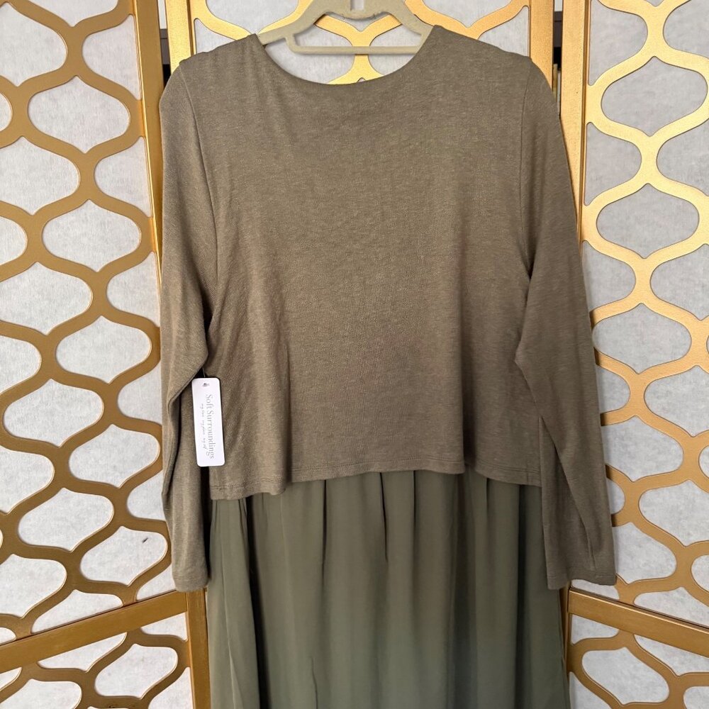 Soft Surroundings Size L NEW Olive Green Cassie Two-Layer Long Sleeve Maxi Dress - Picture 7 of 16